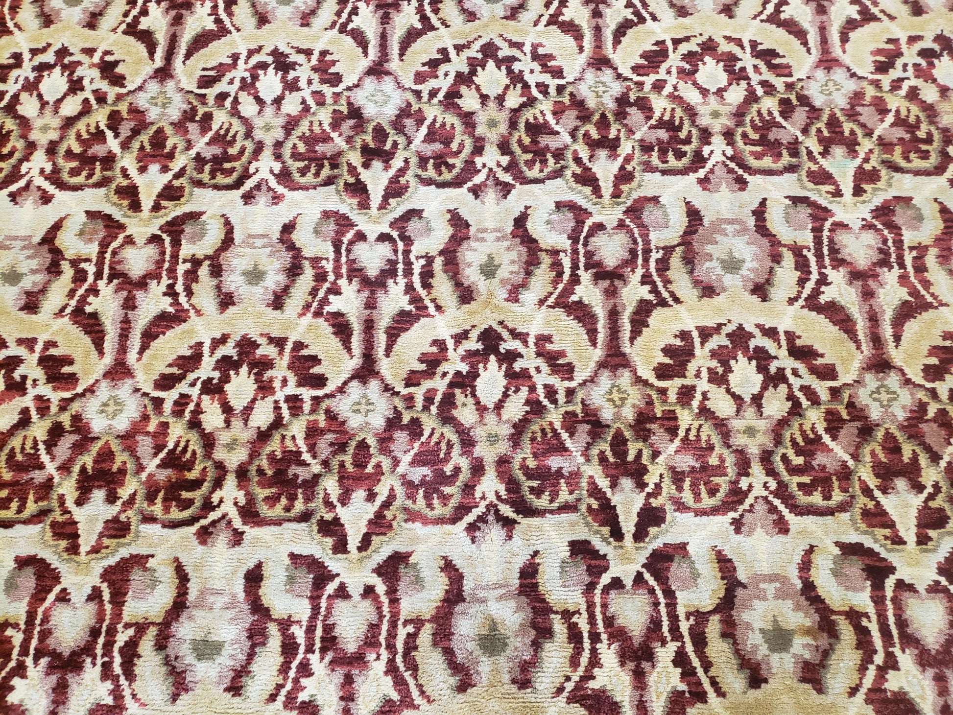 Contemporary Indian Nepalese Room Sized Rug 9 x 11.6, Wool Hand-Knotted Dark Red & Beige Soft Carpet, 9 x 12 Masterloom Living Room Rug - Nuvé