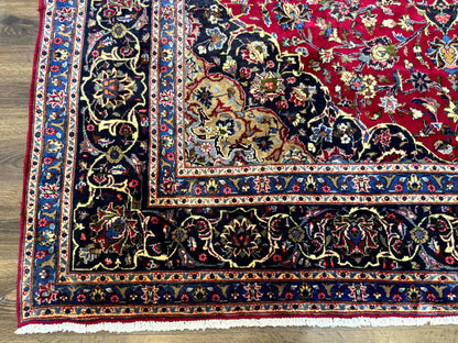 Traditional Persian Rug 8x11, Red Navy Blue, Floral Medallion, Antique Persian Mashad Carpet, Wool - Nuvé