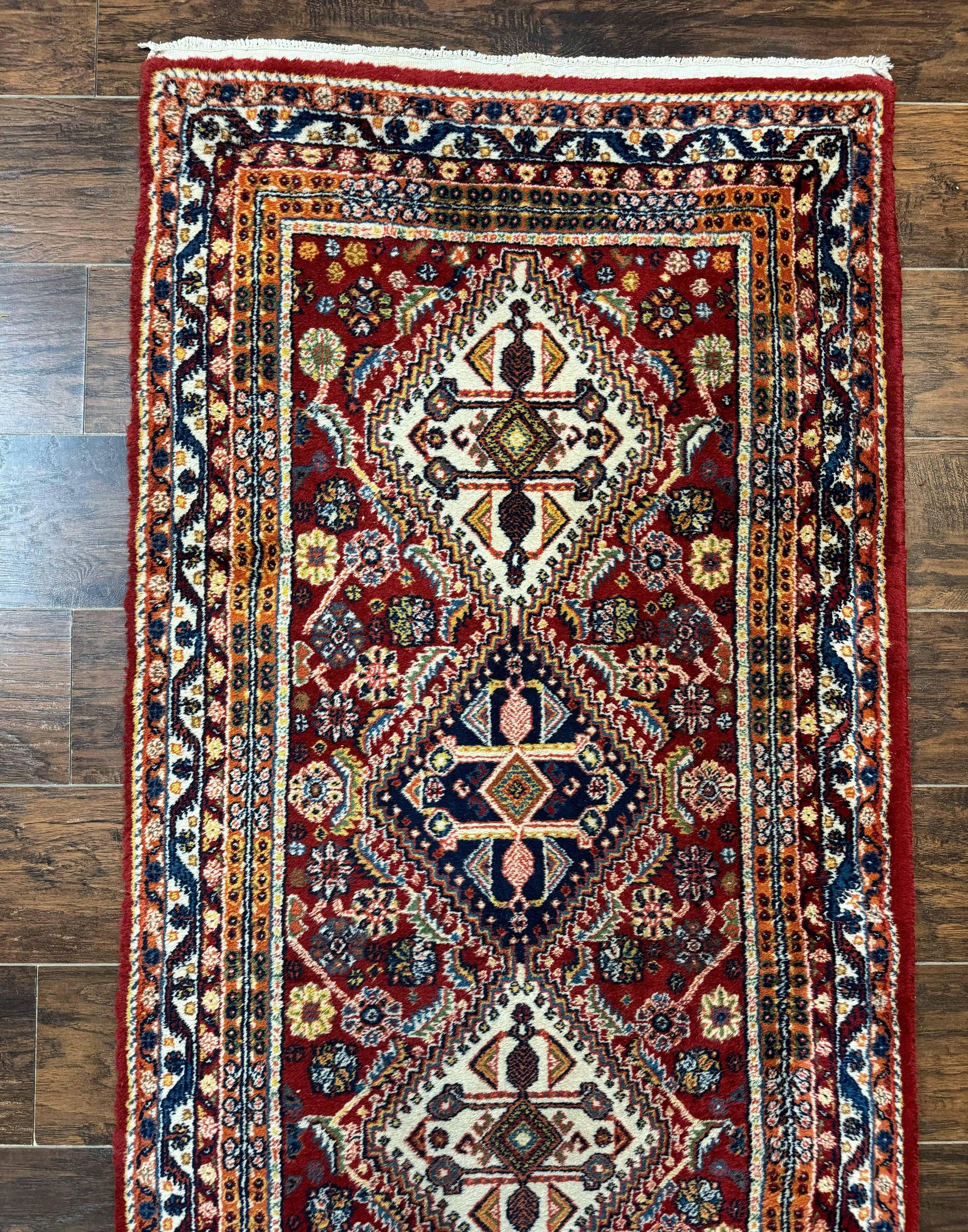 Antique Persian Qashqai Runner Rug 3 x 13 ft, Tribal Runner, Geometric Medallions, Red Ivory Blue, Wool - Nuvé