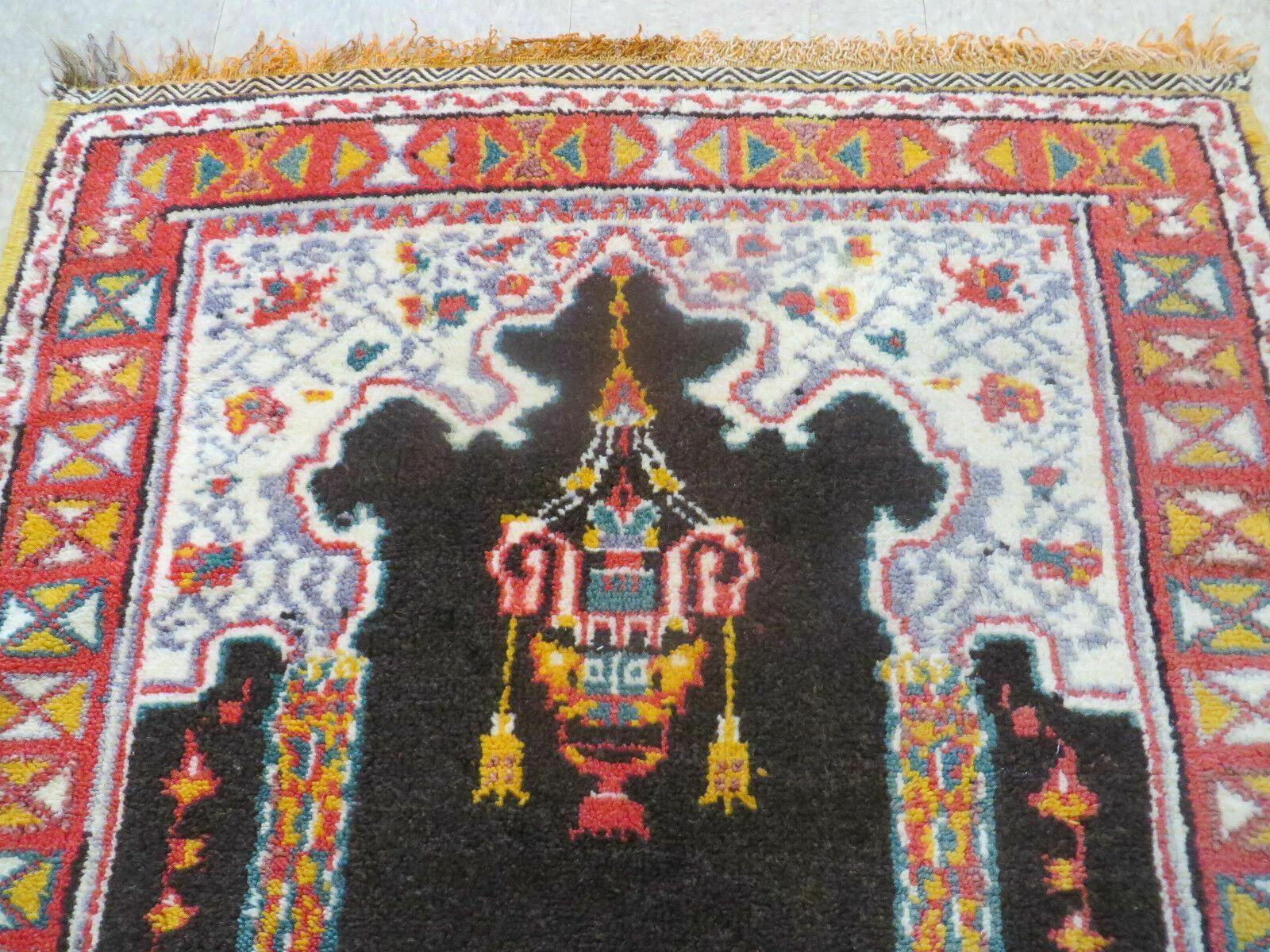 Antique Moroccan Runner Rug 3x7, Moroccan Prayer Rug, Double Mehrab Prayer Arches, Black and Red, Hand-Knotted Wool Carpet, Hallway Rug Nice - Nuvé