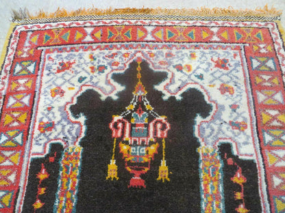 Antique Moroccan Runner Rug 3x7, Moroccan Prayer Rug, Double Mehrab Prayer Arches, Black and Red, Hand-Knotted Wool Carpet, Hallway Rug Nice - Nuvé