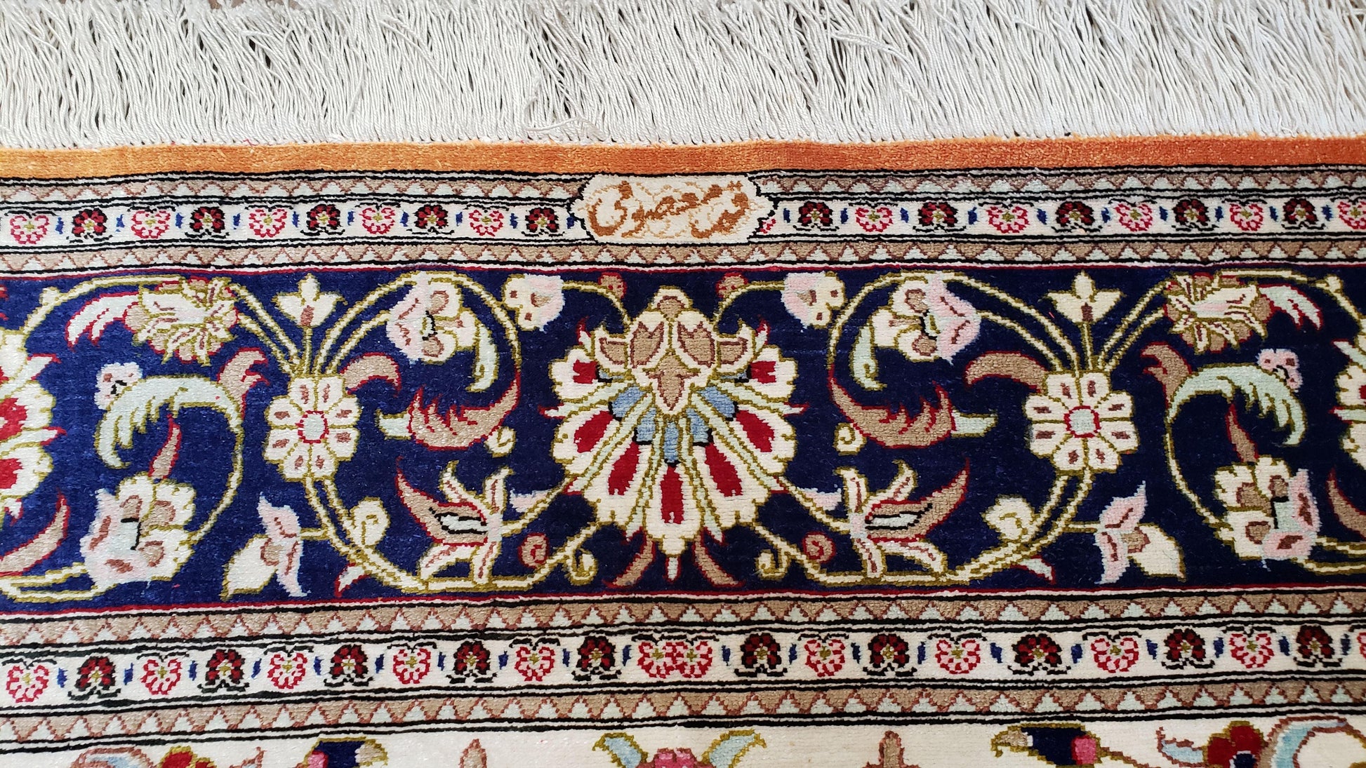 Vintage Persian Qum Silk Rug 4.6 x 6.7, Burnt Orange and Navy Blue, Antique Oriental Very Fine Signature Master Weaver 350+ KPSI Ghom Qom 5x7 Rug - Nuvé