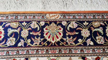 Vintage Persian Qum Silk Rug 4.6 x 6.7, Burnt Orange and Navy Blue, Antique Oriental Very Fine Signature Master Weaver 350+ KPSI Ghom Qom 5x7 Rug - Nuvé