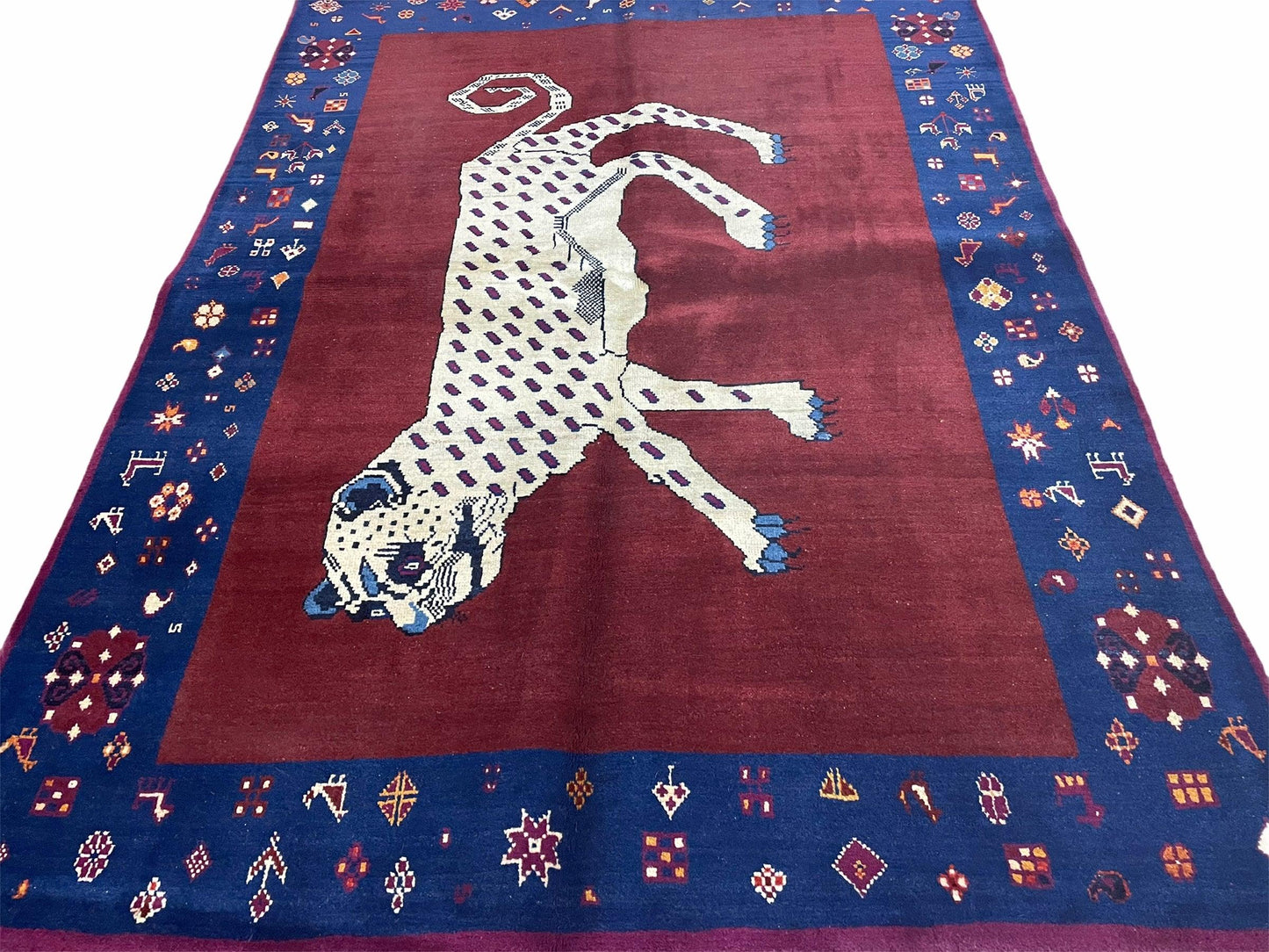 5 X 7 Handmade Zagros Wool Rug Snow White Panther Maroon Blue Organic Dyes - Nuvé