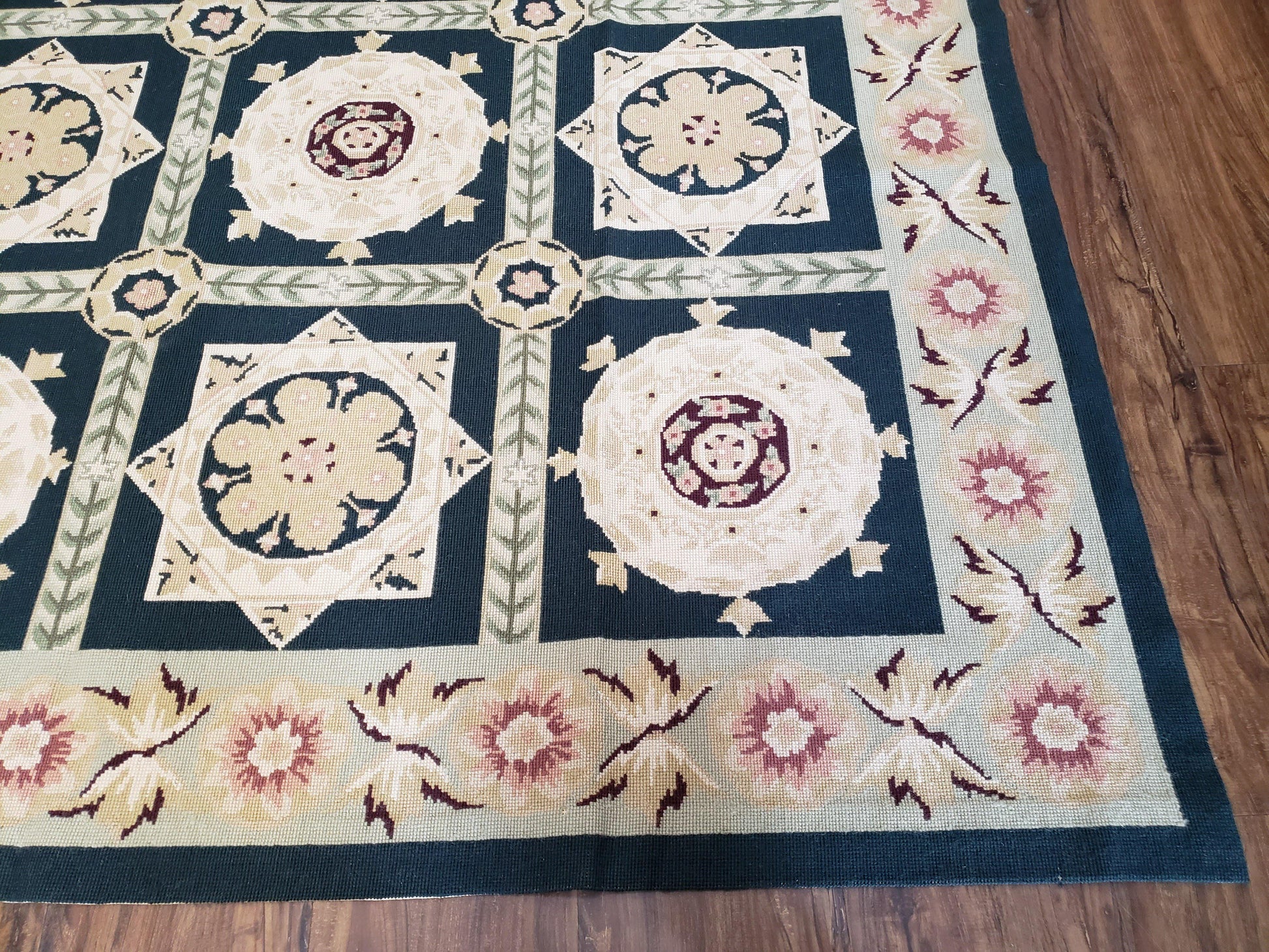 Vintage Chinese Needlepoint Rug 6x9, Panel Design Area Rug Wool Hand-Woven Black & Ivory Carpet Flat Weave Bedroom Rug 6 x 9 Living Room Rug - Nuvé