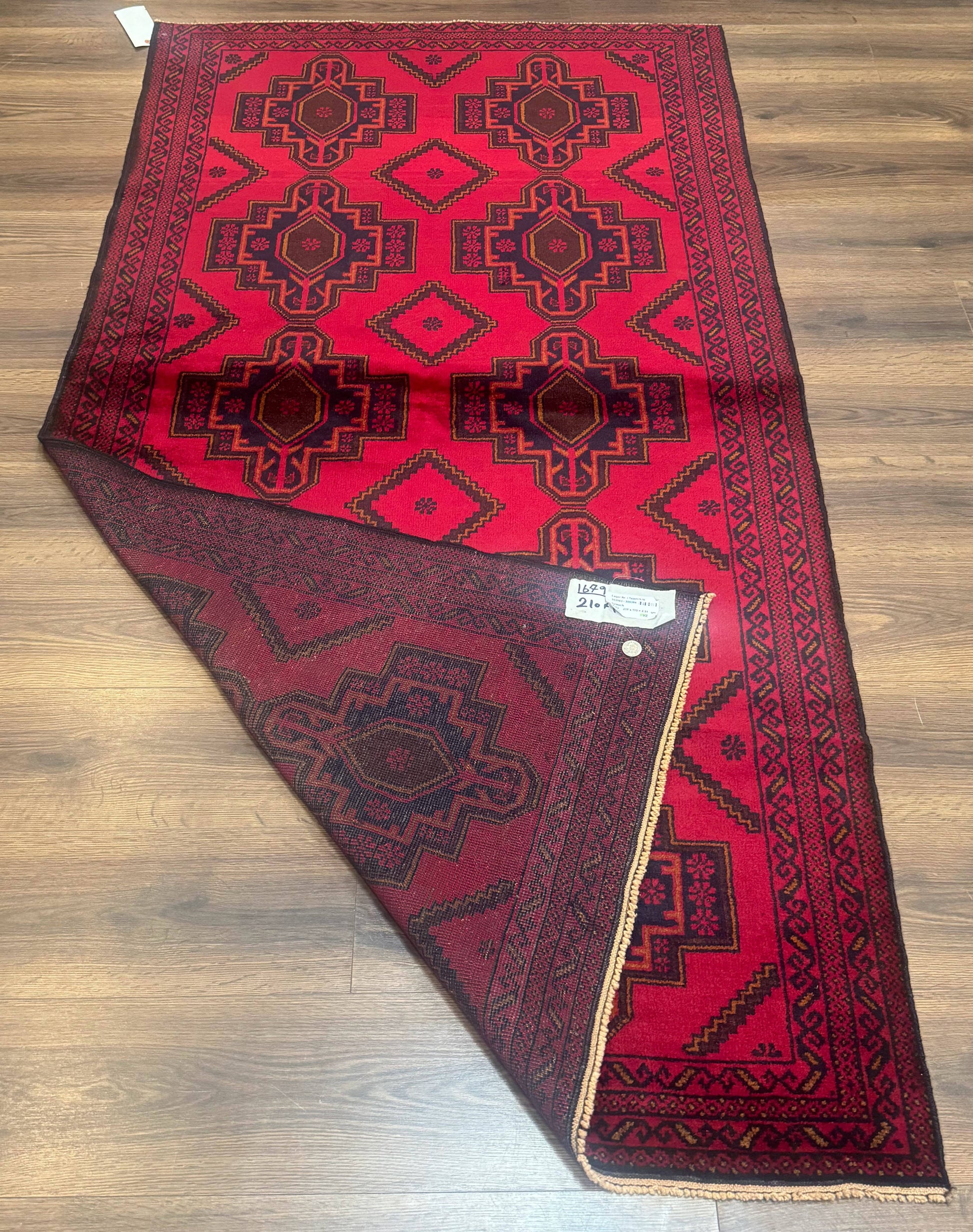 Afghan Rug 4x7, Tribal Carpet, Balouch Rug, Red and Navy Blue, Repeated Medallions, New - Nuvé