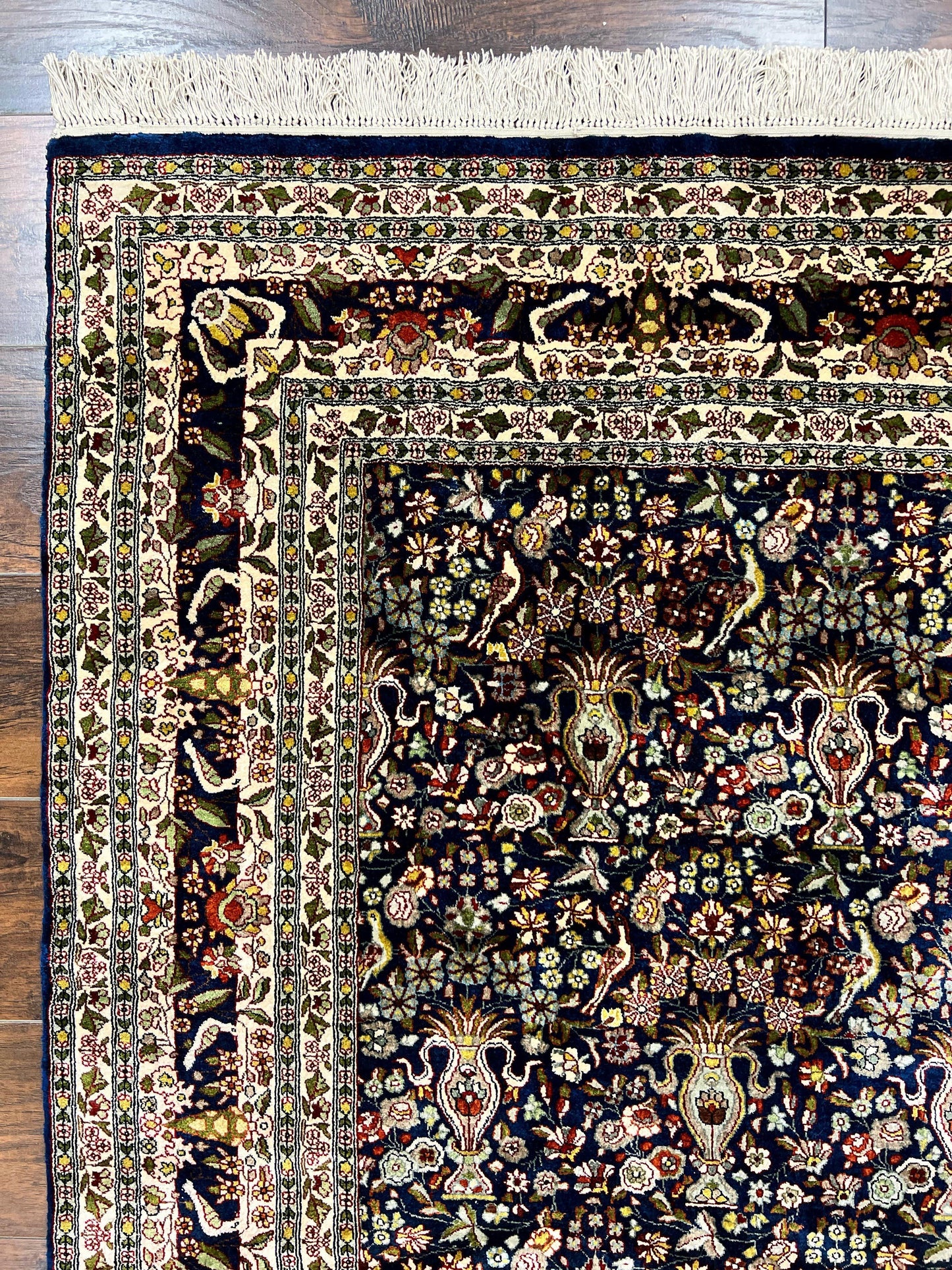 Silk Indian Kashmiri Rug 5x7, Navy Blue Indo Persian Silk Carpet 5 x 7 ft, Hand Knotted Handmade Very Fine Oriental Carpet, 450 KPSI, Birds - Nuvé