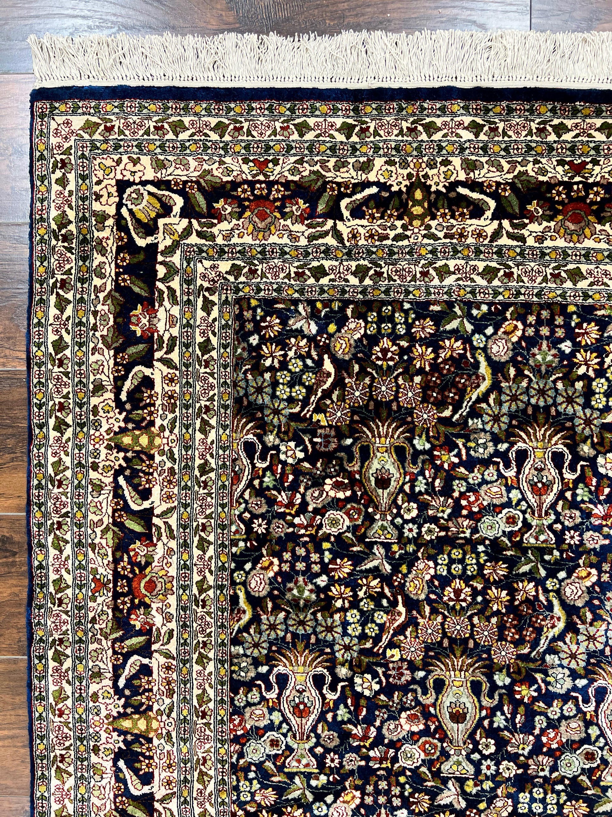 Silk Indian Kashmiri Rug 5x7, Navy Blue Indo Persian Silk Carpet 5 x 7 ft, Hand Knotted Handmade Very Fine Oriental Carpet, 450 KPSI, Birds - Nuvé