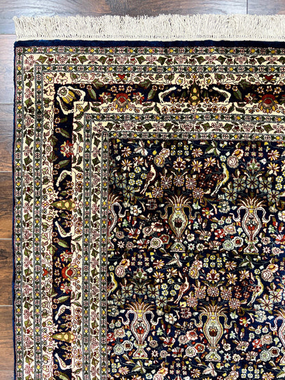 Silk Indian Kashmiri Rug 5x7, Navy Blue Indo Persian Silk Carpet 5 x 7 ft, Hand Knotted Handmade Very Fine Oriental Carpet, 450 KPSI, Birds - Nuvé