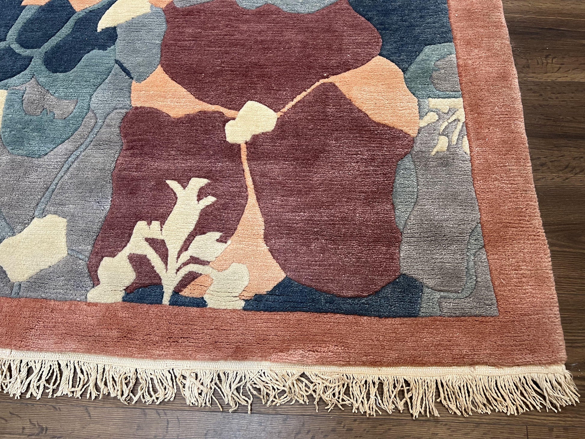 Modern Tibetan Rug 5.7 x 7.9, Abstract Multicolor Flower Pattern, Navy Blue Maroon Salmon, Soft Wool, Hand Knotted Contemporary Carpet 6x8 - Nuvé