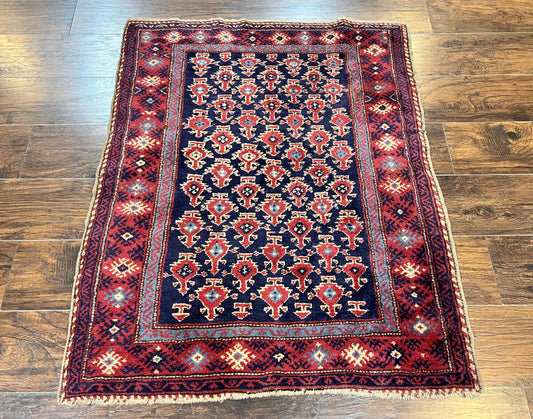 Turkish Sparta Rug 3x4, Allover Pattern, Navy Blue and Red, Antique Ispara Oriental Carpet 3 x 4, Small Turkish Handmade Vintage Wool Rug - Nuvé