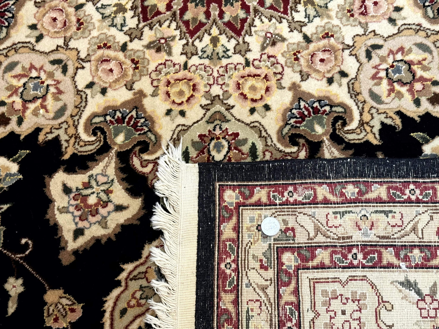 Sino Persian Rug 9x12, Black and Beige, Floral Medallion, Wool & Silk, Handmade - Nuvé