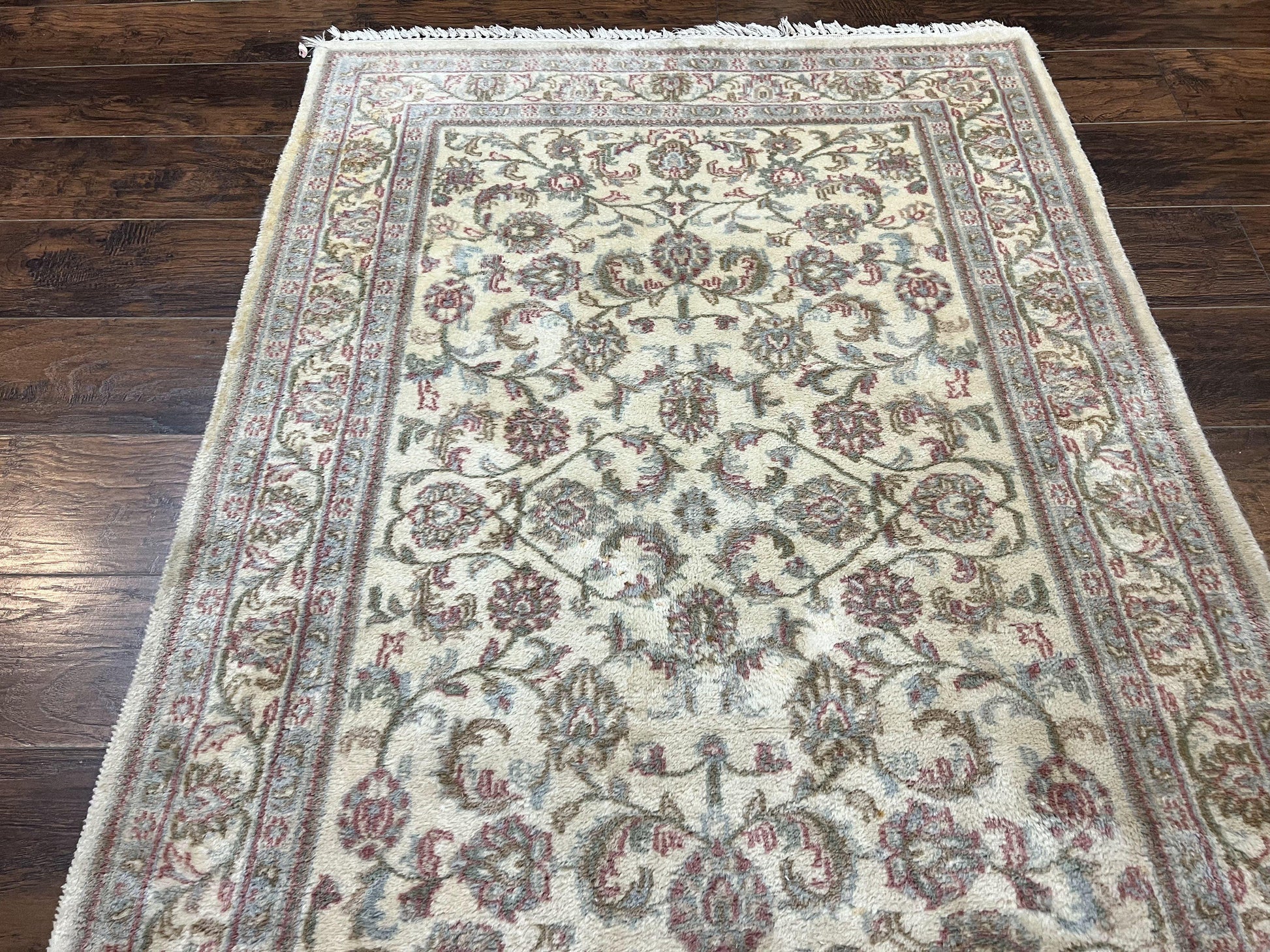 Indo Persian Rug 4x6, Vintage Handmade Wool Carpet, Floral Allover Pattern, Beige, Pair A - Nuvé