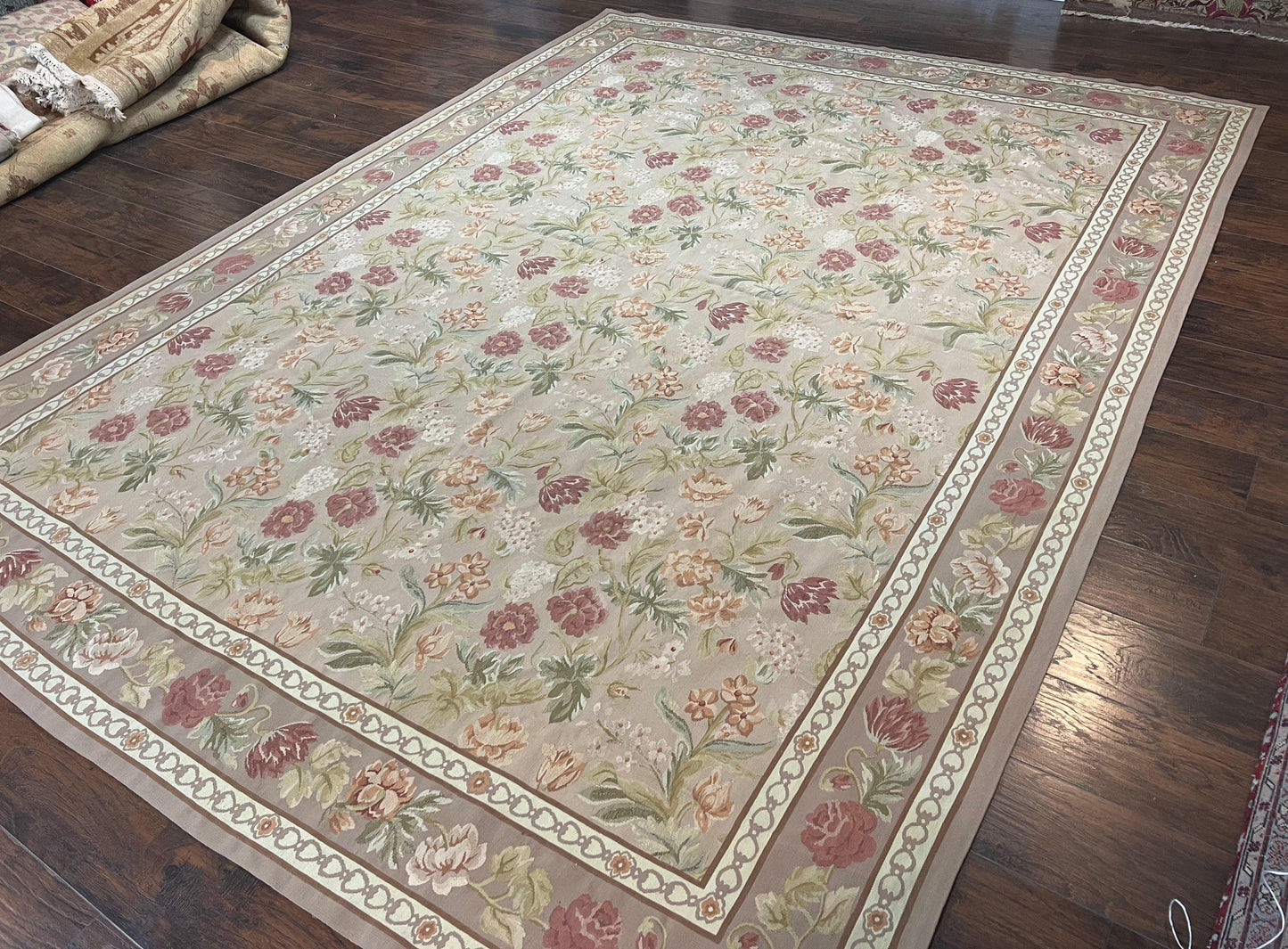 Aubusson Rug 9x12, Pink Beige Light Mauve, Handmade Allover Floral Roses, Wool Flatweave Carpet 9 x 12 ft, European French Design, Elegant - Nuvé