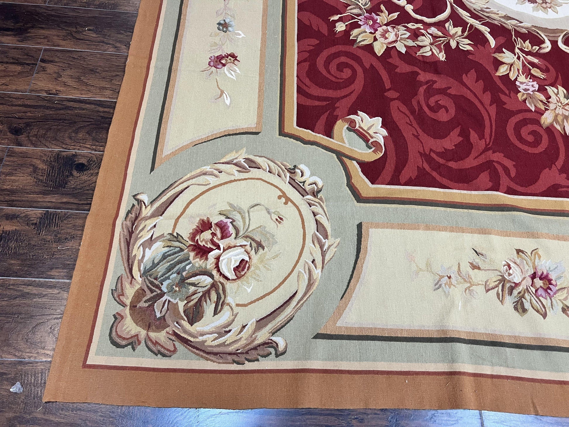 Large Aubusson Rug 10x14, Wool Handmade Vintage Carpet, Dark Red Ivory Tan, French European Elegant Aubusson Weave Rug - Nuvé
