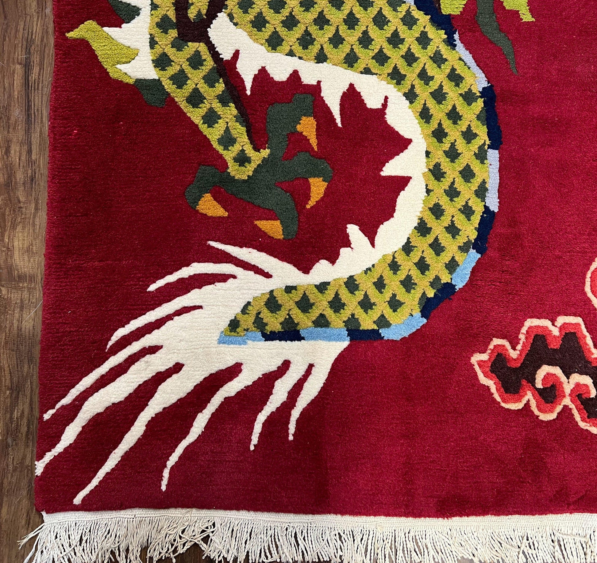 Vintage Chinese Dragon Rug 3 x 6.8, Handmade Hand Knotted Red Chinese Carpet with Gold Dragon, Art Deco Peking Soft Chinese Rug Runner - Nuvé