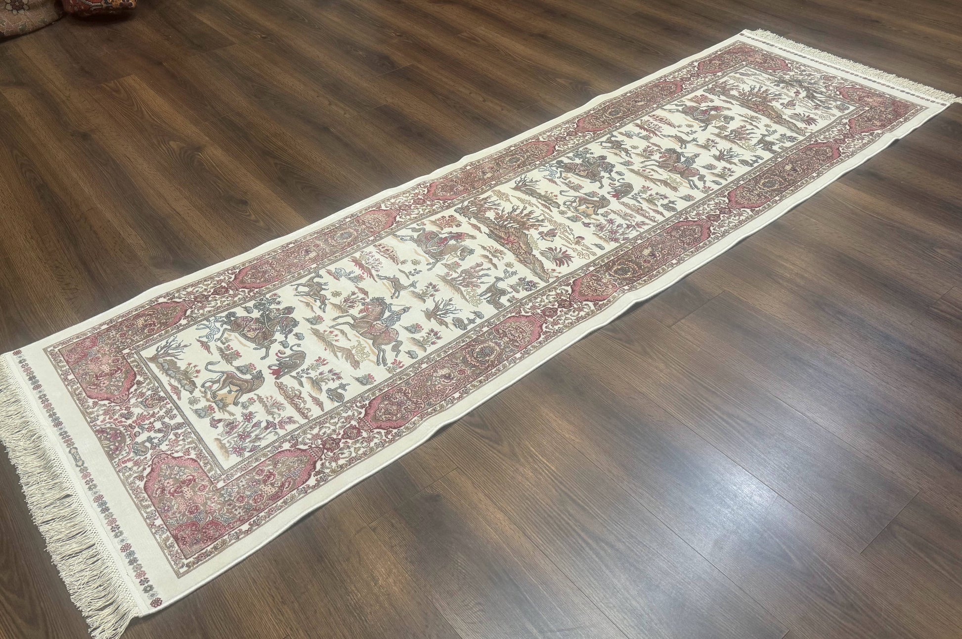 Turkish Silk Runner Rug 2.6 x 8, Hunting Design, Ivory, Bamboo Silk, New - Nuvé
