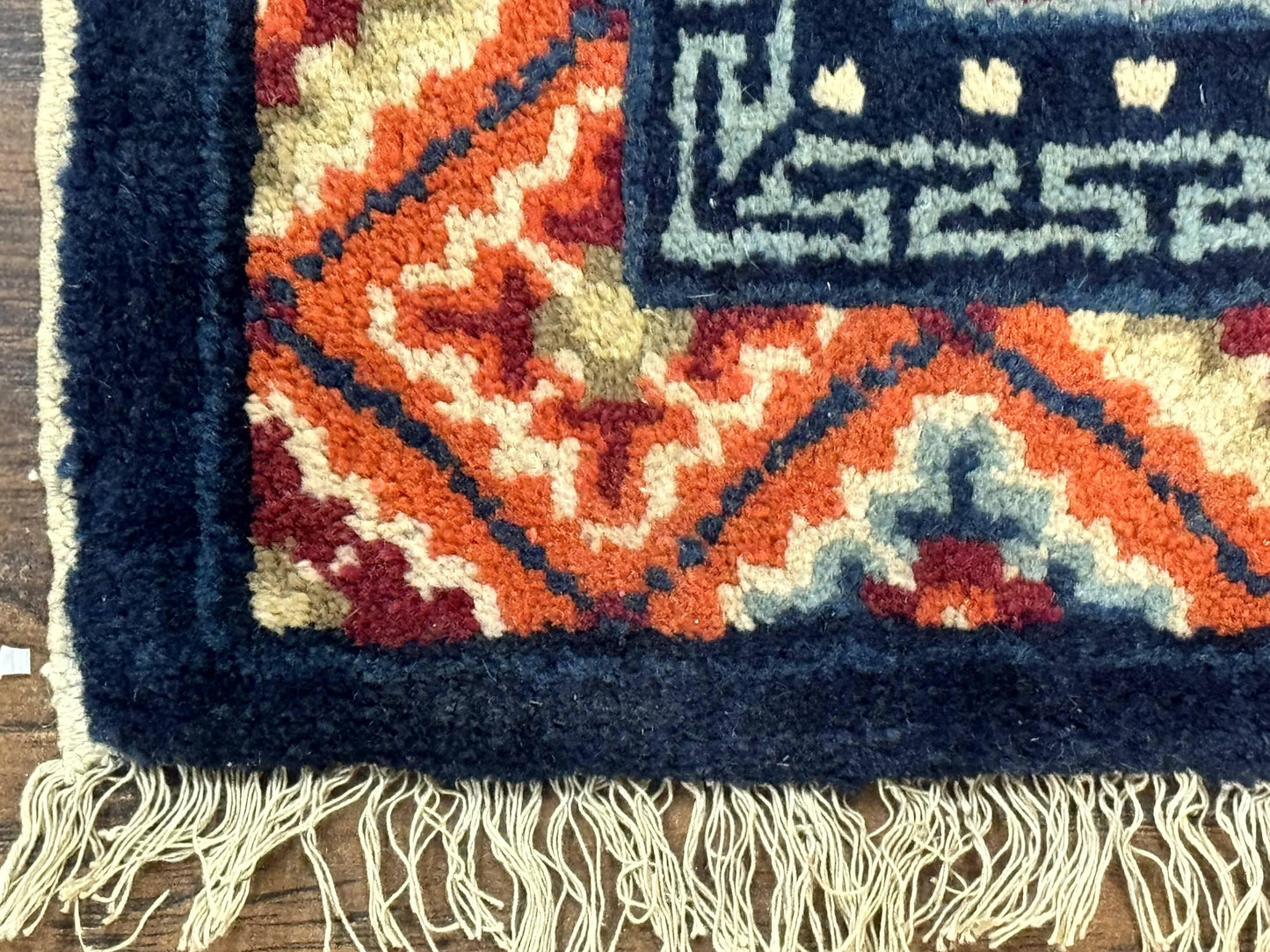 Small Antique Chinese Square Rug 2x3, Tibetan Rug, Red Orange Blue, 1920s Rug - Nuvé