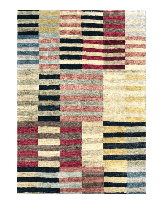 Modern Tibetan Rug 4' x 5' 9", Medium Sized Abstract Handmade Carpet, Hand-Knotted Soft Pile Wool Rug, Multicolor Contemporary Rug, Colorful