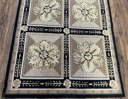 Needlepoint Runner Rug 3x8 Panel Design Rug, Flatweave Runner Rug, English Design, Floral, Short Runner Rug, Black and Beige Wool Hand-Woven - Nuvé