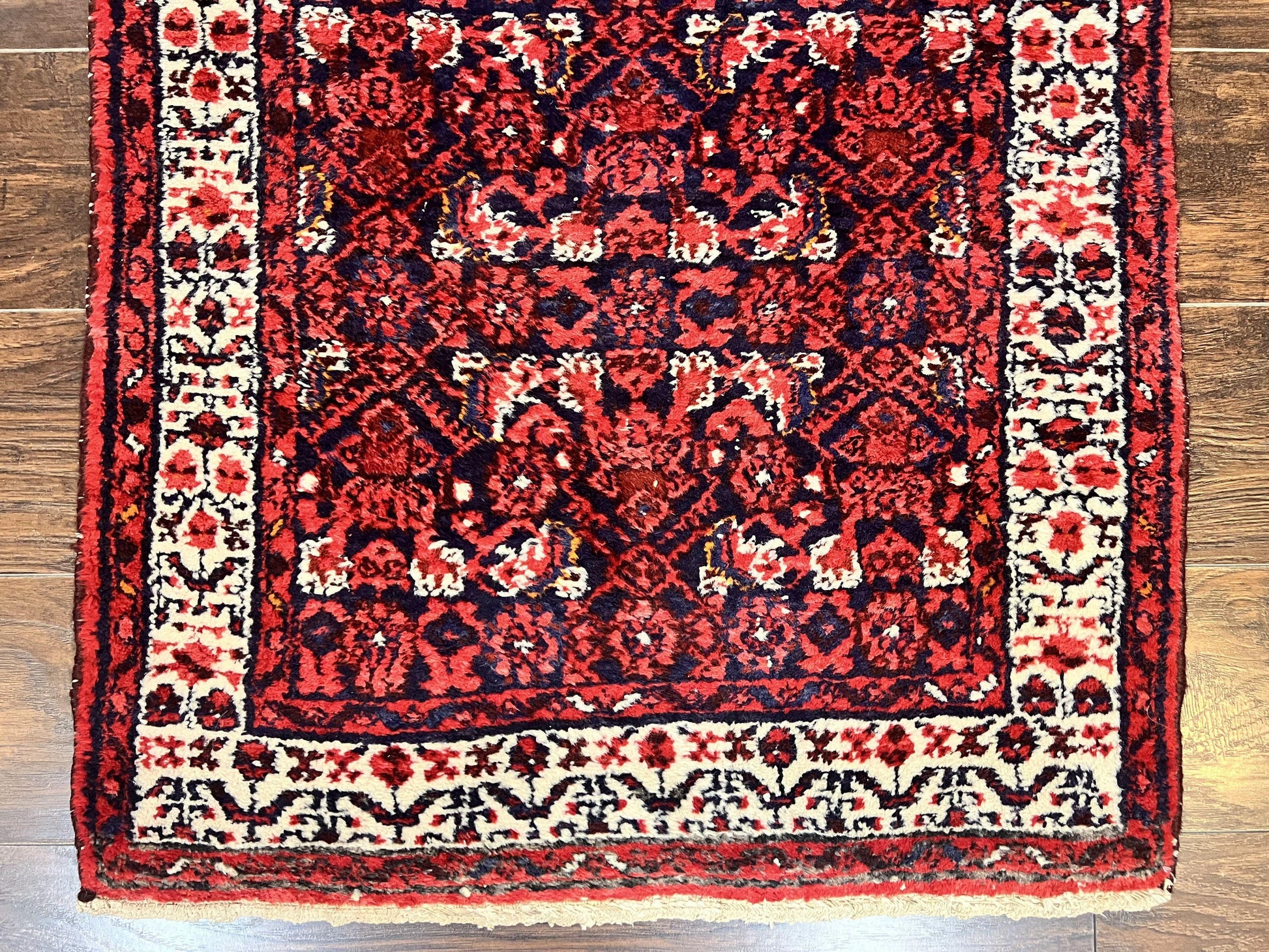Persian Tribal Runner 3 x 9, Hamadan Dargazin Rug, Dark Blue and Red Wool Hand Knotted Hallway Rug, Vintage Antique Oriental Runner, 9ft Long Runner, Herati - Nuvé