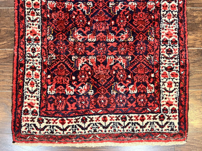 Persian Tribal Runner 3 x 9, Hamadan Dargazin Rug, Dark Blue and Red Wool Hand Knotted Hallway Rug, Vintage Antique Oriental Runner, 9ft Long Runner, Herati - Nuvé