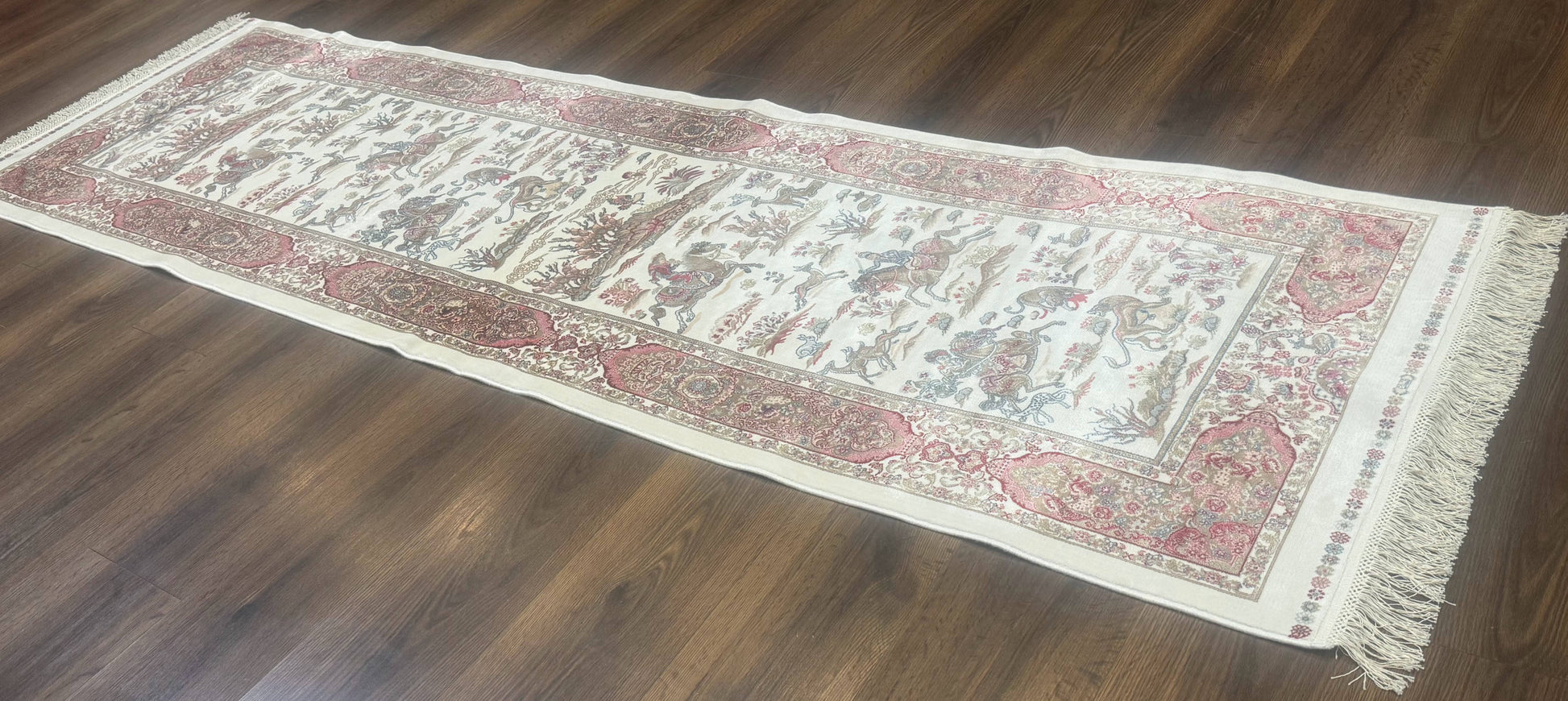 Turkish Silk Runner Rug 2.6 x 8, Hunting Design, Ivory, Bamboo Silk, New - Nuvé