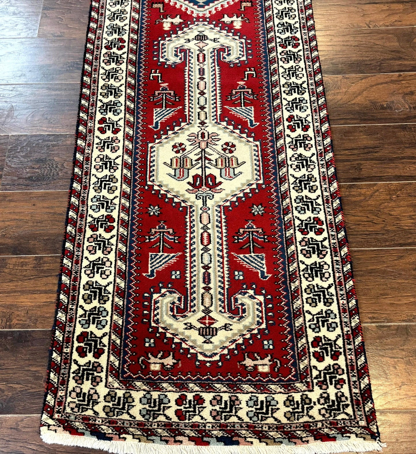 Indo Persian Runner Rug 2.6 x 12, Heriz Geometric Caucasian Design, Animal Pictorials, Tribal Runner Rug, Vintage Handmade Wool Red - Nuvé