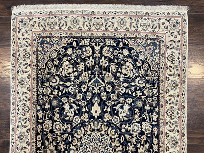 Very Fine Persian Nain Rug 3.7 x 6, Floral Medallion, Wool and Silk Accents, Highly Detailed, Hand Knotted Oriental Carpet, Navy Blue Ivory/Cream - Nuvé