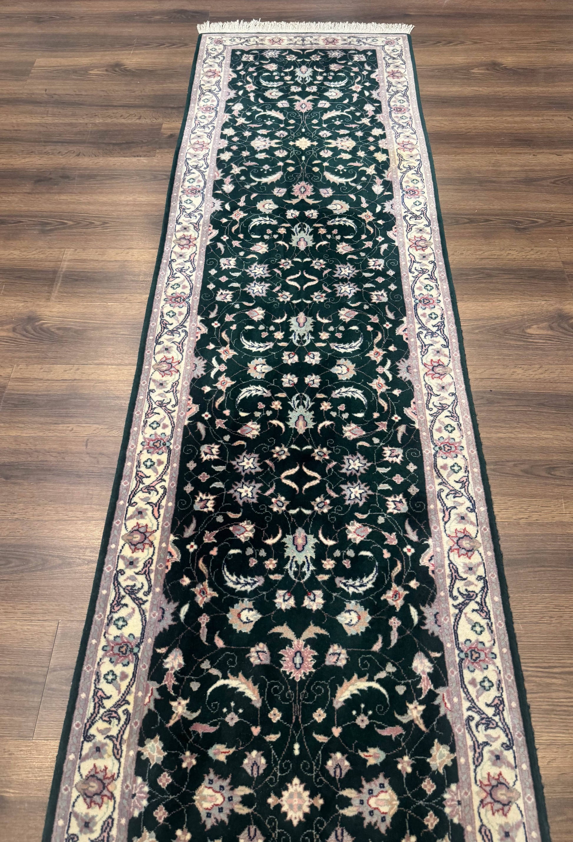 Pak Persian Runner Rug 2.6 x 10, Dark Green and Beige, Floral Allover - Nuvé