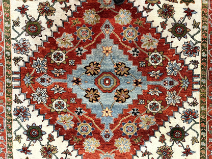 Indo Persian Heriz Rug 7x9, Geometric Pattern, Cream & Light Red, Handmade Vintage Wool Carpet - Nuvé