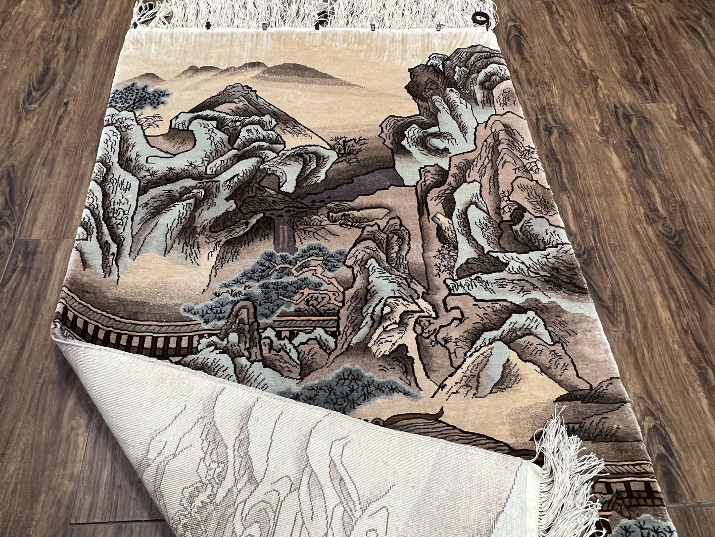 Silk Chinese Wall Hanging Rug 3x6 ft Tapestry, Pagoda Scene, Pictorial, High Quality Fine Hand Knotted Vintage, Asian Oriental Handmade Nice - Nuvé