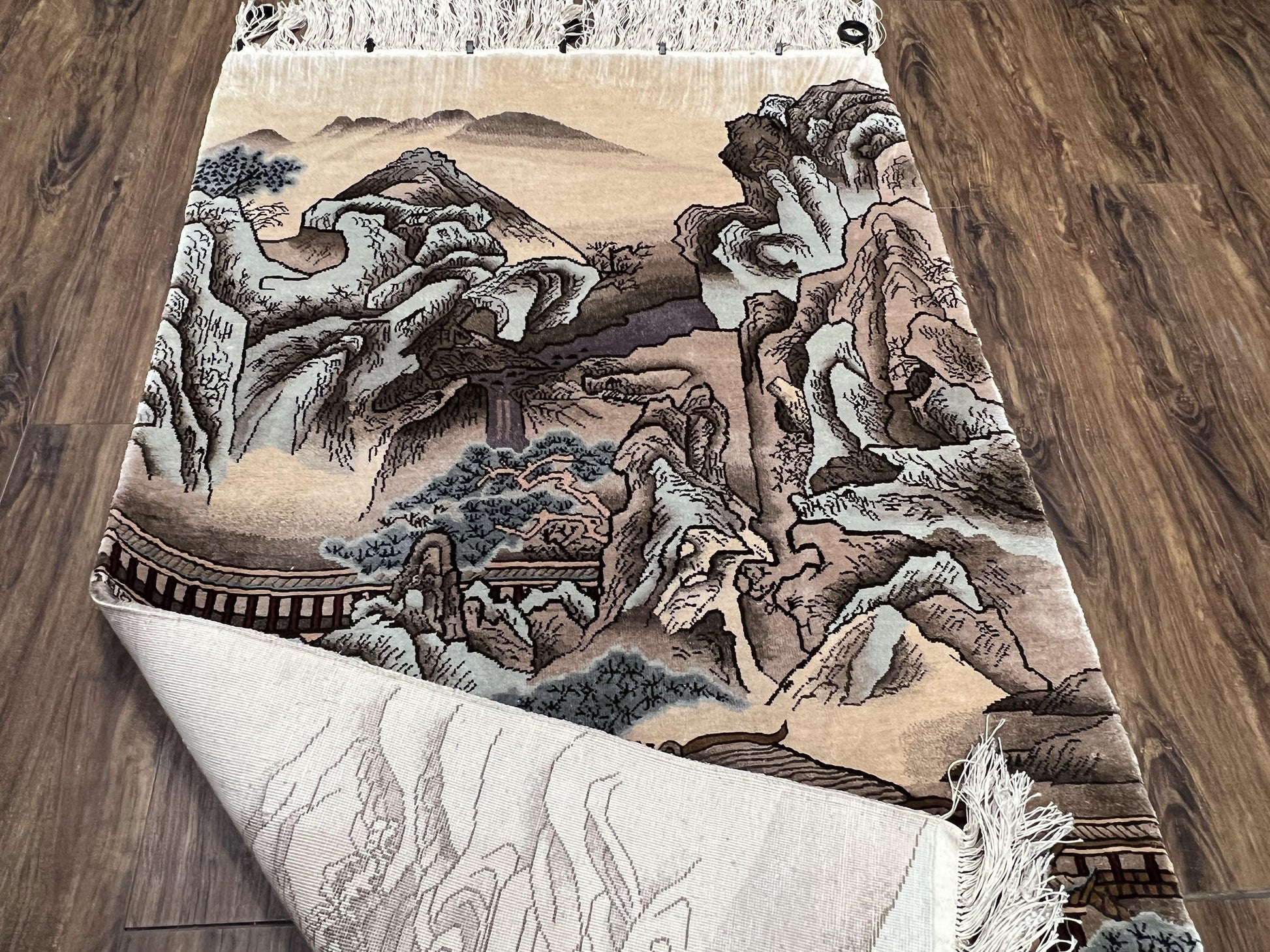 Silk Chinese Wall Hanging Rug 3x6 ft Tapestry, Pagoda Scene, Pictorial, High Quality Fine Hand Knotted Vintage, Asian Oriental Handmade Nice - Nuvé