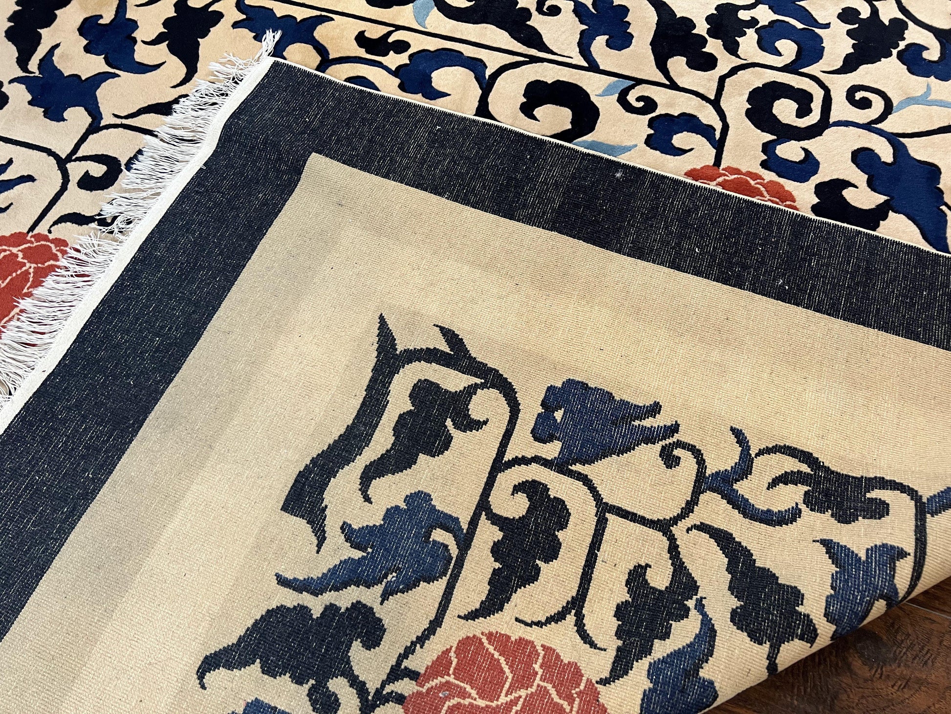 Antique Chinese Peking Rug 10x14, Beige Black, Handmade Wool Art Deco Carpet - Nuvé
