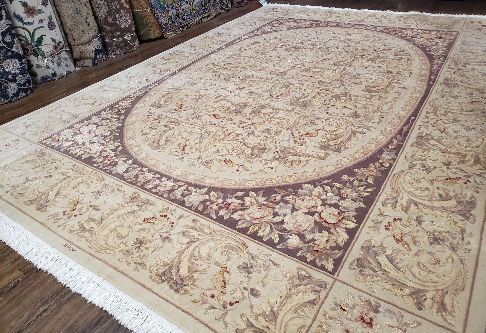 Chinese Aubusson Savonnerie Area Rug 8x12, Vintage 120 Line Carpet, Wool and Silk Hand-Knotted, Birds Flowers Master Weaver Signature - Nuvé