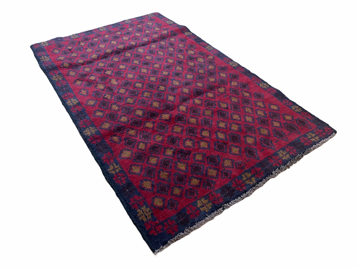 3x5 New Vintage Handmade Tribal Wool Rug Balouch Rug Afghan Rug Red Blue Diamond