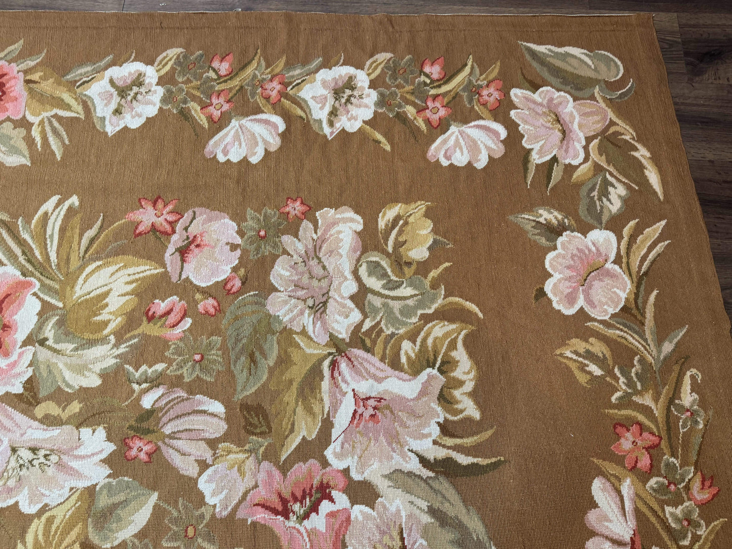 Large Needlepoint Rug 11x14, Vintage Floral Wool Carpet, Caramel - Nuvé