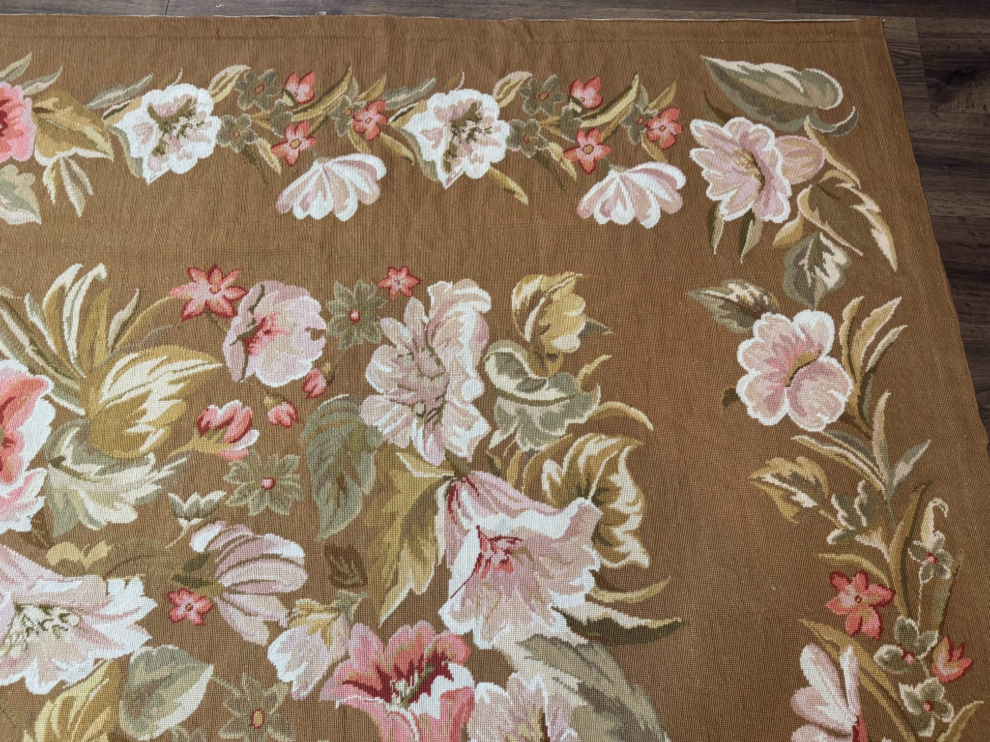 Large Needlepoint Rug 11x14, Vintage Floral Wool Carpet, Caramel - Nuvé