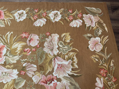Large Needlepoint Rug 11x14, Vintage Floral Wool Carpet, Caramel - Nuvé