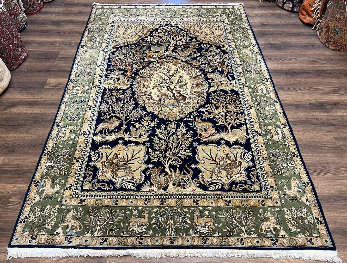 Wonderful Persian Qum Rug 6x9, Animal Pictorials, Tree of Life, Deer Birds, Hand Knotted Oriental Ghom Carpet, Semi Antique Vintage, Navy Blue Green - Nuvé
