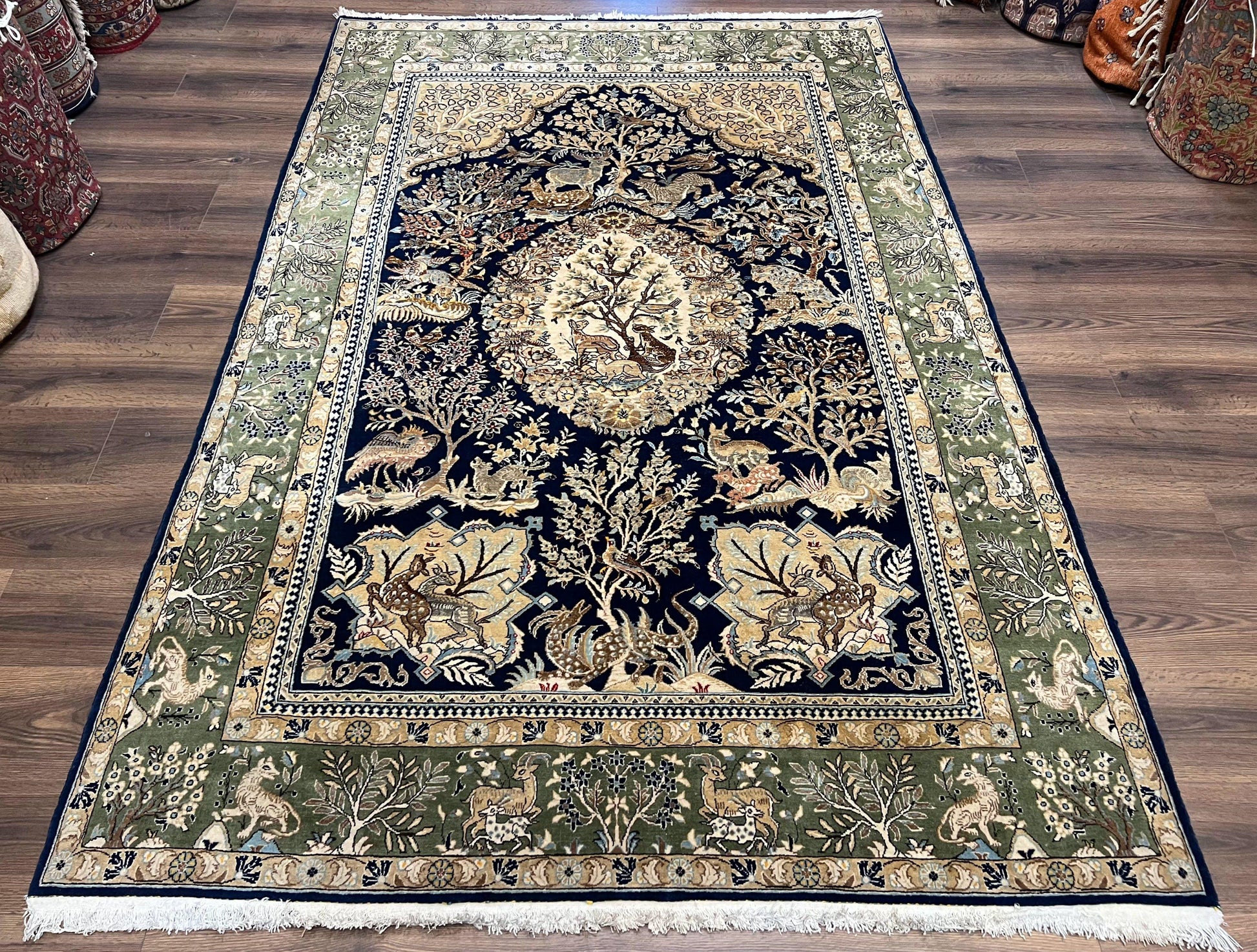Wonderful Persian Qum Rug 6x9, Animal Pictorials, Tree of Life, Deer Birds, Hand Knotted Oriental Ghom Carpet, Semi Antique Vintage, Navy Blue Green - Nuvé