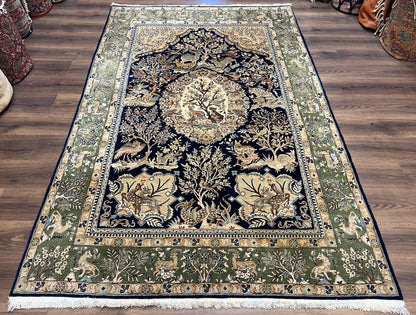 Wonderful Persian Qum Rug 6x9, Animal Pictorials, Tree of Life, Deer Birds, Hand Knotted Oriental Ghom Carpet, Semi Antique Vintage, Navy Blue Green - Nuvé