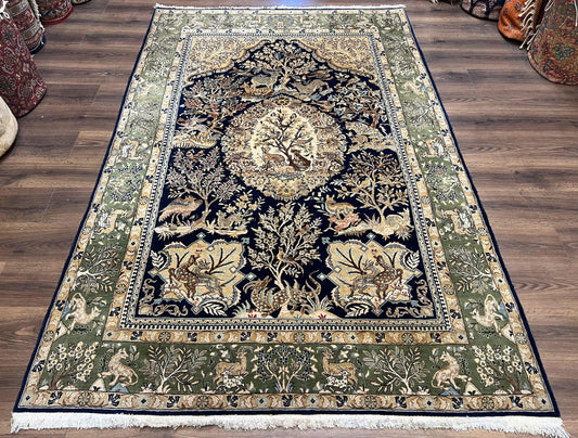 Wonderful Persian Qum Rug 6x9, Animal Pictorials, Tree of Life, Deer Birds, Hand Knotted Oriental Ghom Carpet, Semi Antique Vintage, Navy Blue Green - Nuvé