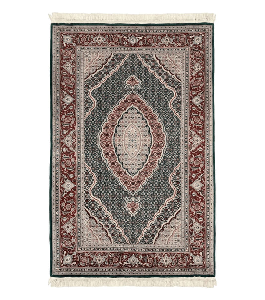 Sino Persian Rug 4x6, Wool with Silk Highlights, Fine Hand Knotted Carpet, Green & Maroon Red, Herati Medallion, Vintage Rug