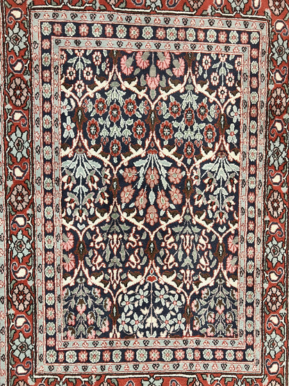 Pak Persian Rug 3x4, Wool Hand Knotted Vintage Traditional Carpet, Navy Blue & Red, Very Fine Small Handmade Floral Rug - Nuvé