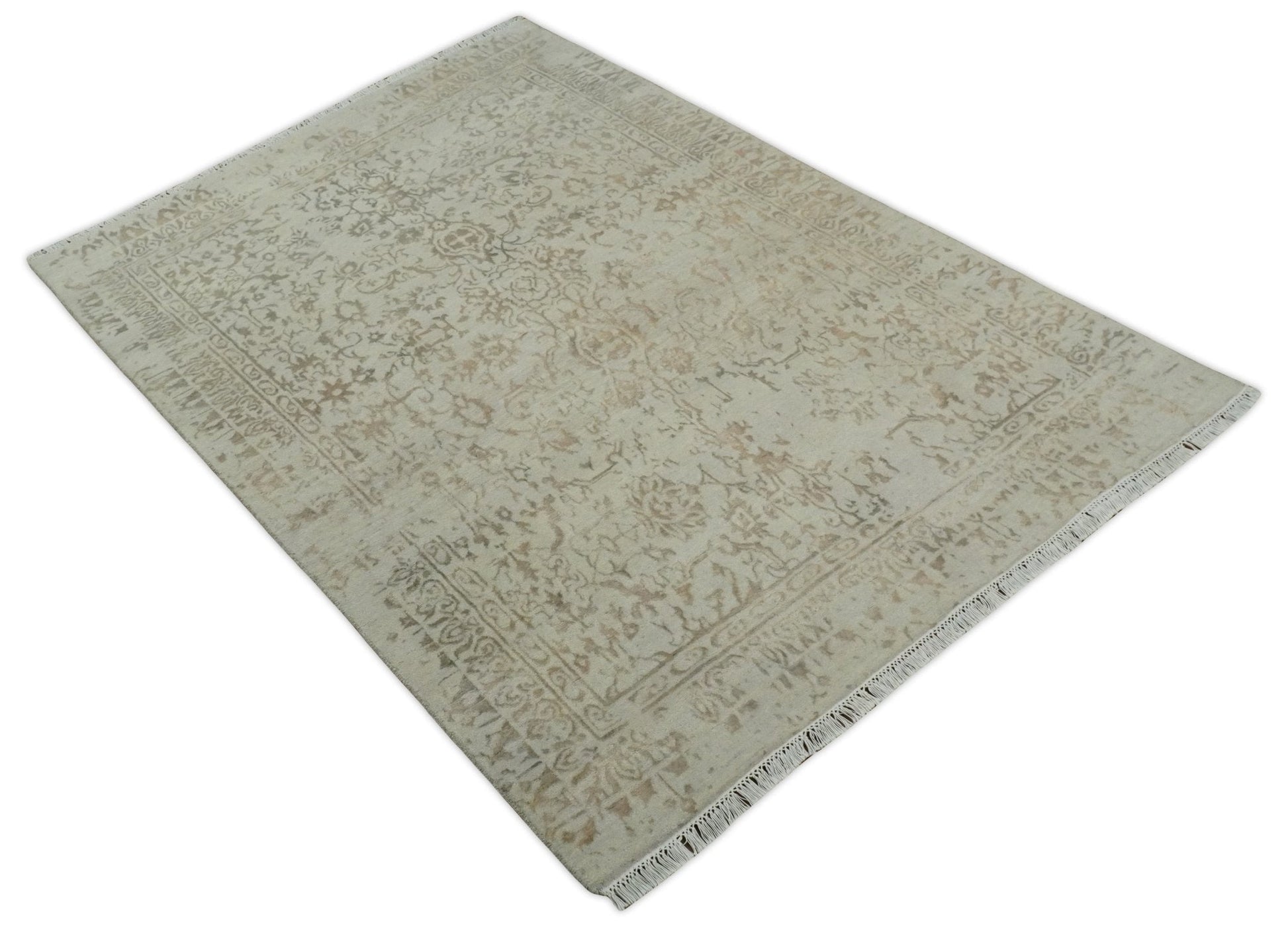 5x7 Fine Hand Knotted Beige and Brown Traditional Vintage Persian Style Antique Wool and Silk Rug | AGR50 - Nuvé