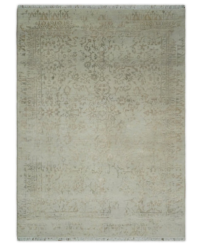 5x7 Fine Hand Knotted Beige and Brown Traditional Vintage Persian Style Antique Wool and Silk Rug | AGR50 - Nuvé