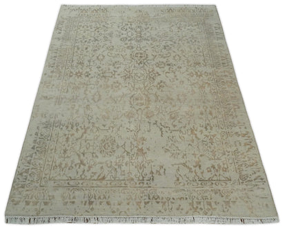 5x7 Fine Hand Knotted Beige and Brown Traditional Vintage Persian Style Antique Wool and Silk Rug | AGR50 - Nuvé