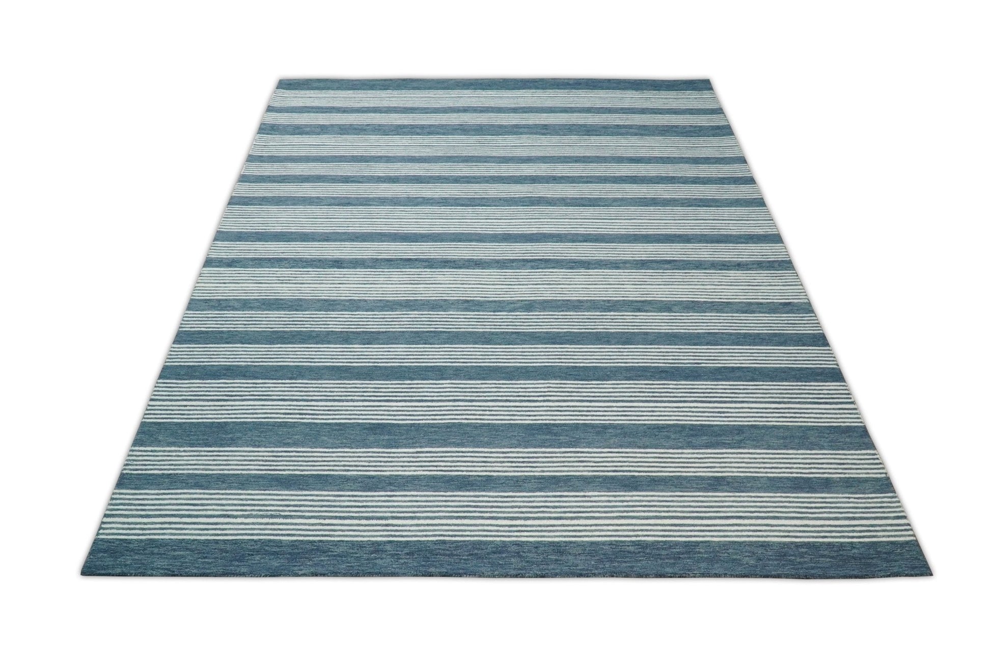 5x8 and 8x10 Hand Made Woolen Modern Stripes White and Blue Area Rug | NAU002 - Nuvé