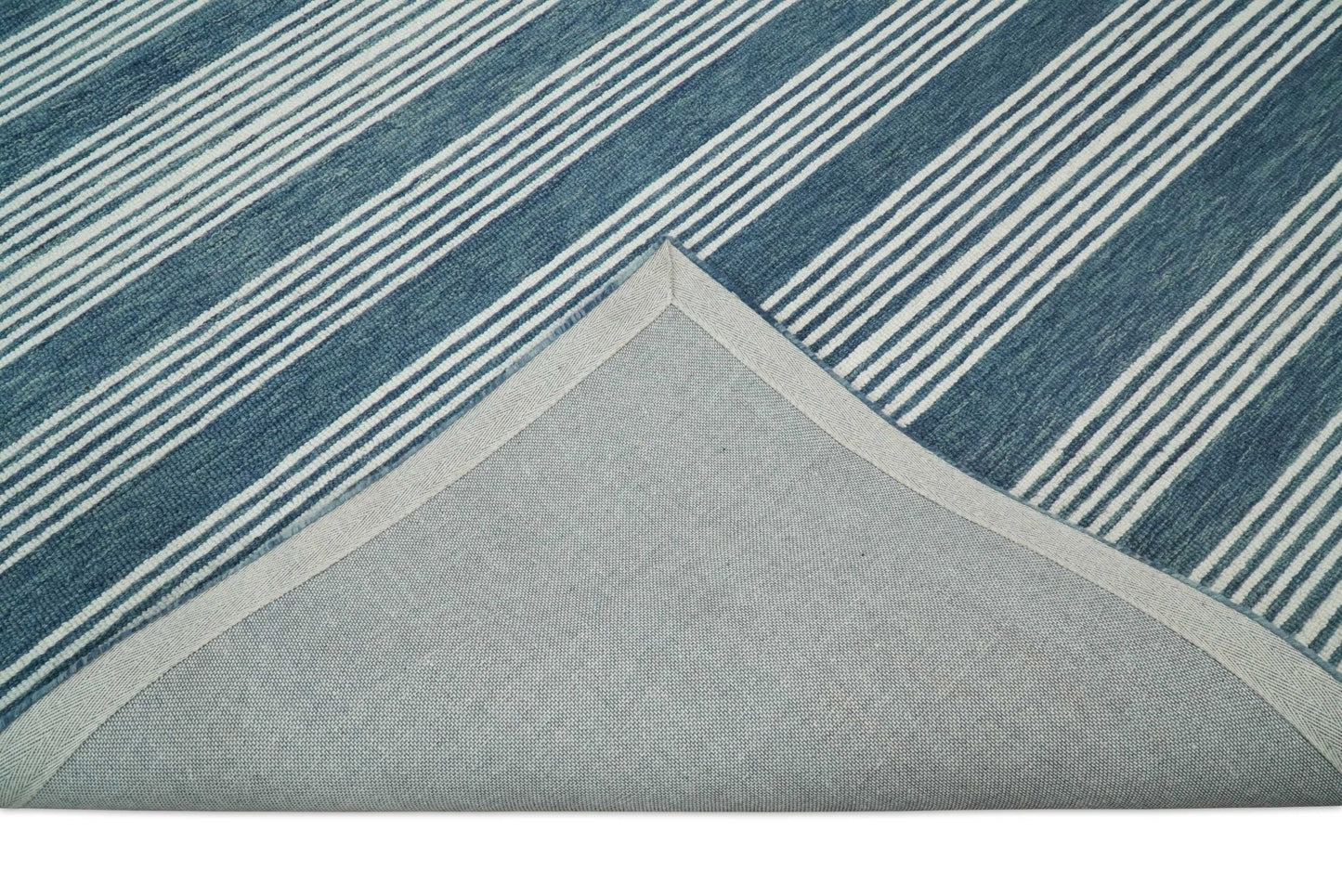 5x8 and 8x10 Hand Made Woolen Modern Stripes White and Blue Area Rug | NAU002 - Nuvé